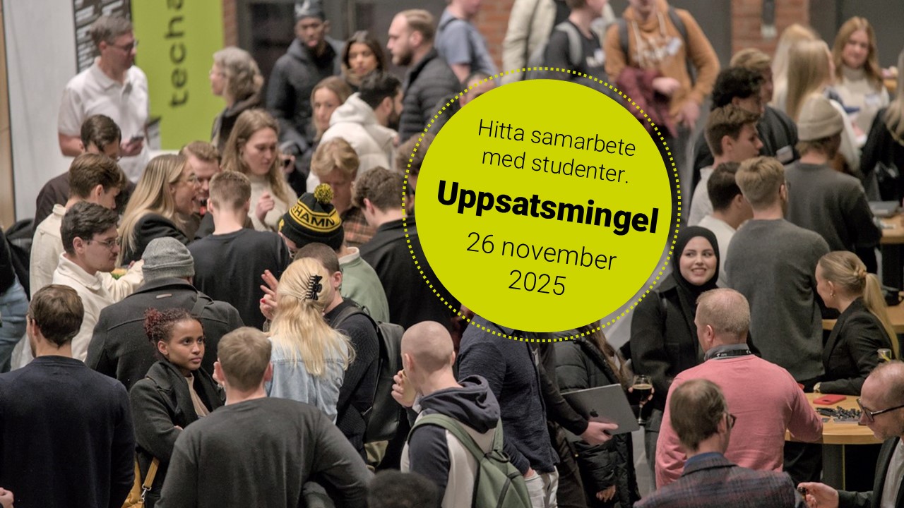Mingelbild med text Hitta samarbete med studenter. uppsatsmingel 26 november